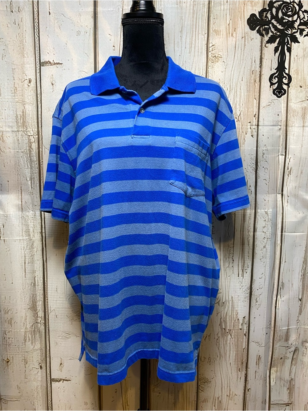 Striped Blue Short-Sleeve Polo with Chest Pocket Sz-XL